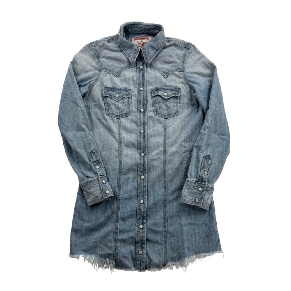 True Religion Rocky Denim Dress Womens XS Light Wash Good Western Frayed Hem